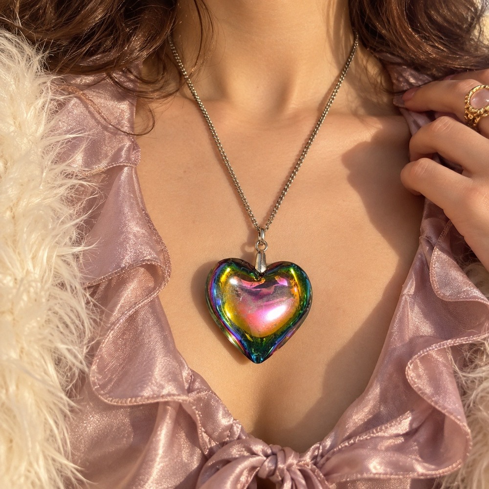 Vintage Prismatic Glass Heart Necklace Large Iridescent Pendant Y2K Statement